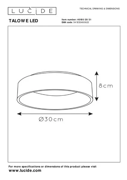 Lucide TALOWE LED - Plafonnier - Ø 30 cm - LED Dim. - 1x20W 3000K - Blanc - TECHNISCH